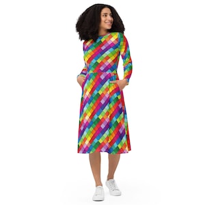 Rainbow Pride Midi Dress, LGBTQ Women Full Sleeves Dress, Lesbian Pride Dress, Colorful Dress with Pockets, Asexual Bisexual Dress, Gifts