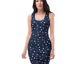 Constellations Printed Bodycon Dress, Outer Space Galaxy All over Print Fitted Club Dress, Midi Prom Dress, Going Out Dress, Gifts for Her