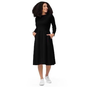 Solid Black Midi Dress Women, Aesthetic Dress with Pockets, Evening Party Dress, Vacation Beach Dress, Casual Fall Summer Dress, plus Size
