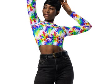 Spray Paint Graffiti Printed Crop Top, Long Sleeve Gym Crop Top