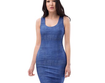 Denim Blue Jeans Printed Bodycon Dress, AOP Summer Fashion Dress, Fitted Sexy Evening Dress, Rave Party Dress, Traveler Gifts