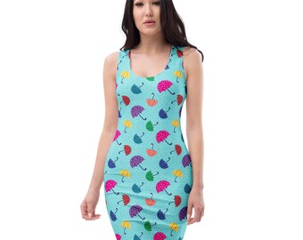 Umbrellas Raindrops Printed Bodycon Dress, AOP Summer Fashion Dress, Fitted Sexy Evening Dress, Rave Party Dress, Traveler Gifts