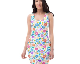 Colorful Spring Flowers Printed Bodycon Dress, Casual Evening Party Dress, All Over Print Aesthetic Floral Dress, Gifts for Her