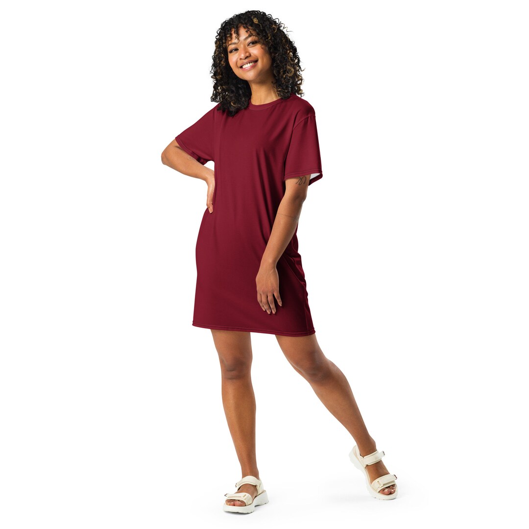 Solid Dark Burgundy Red T-shirt Dress for Women, Cute Aesthetic Fashion Shirt Dress, All over Print, Loungewear, Aloha Hawaiian Beach Dress