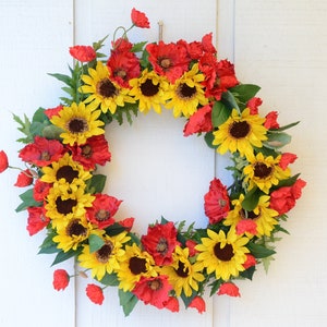 Sunflower Poppy Wreath, Red Poppy, Yellow Sunflower, Front Door Hanging Wreath