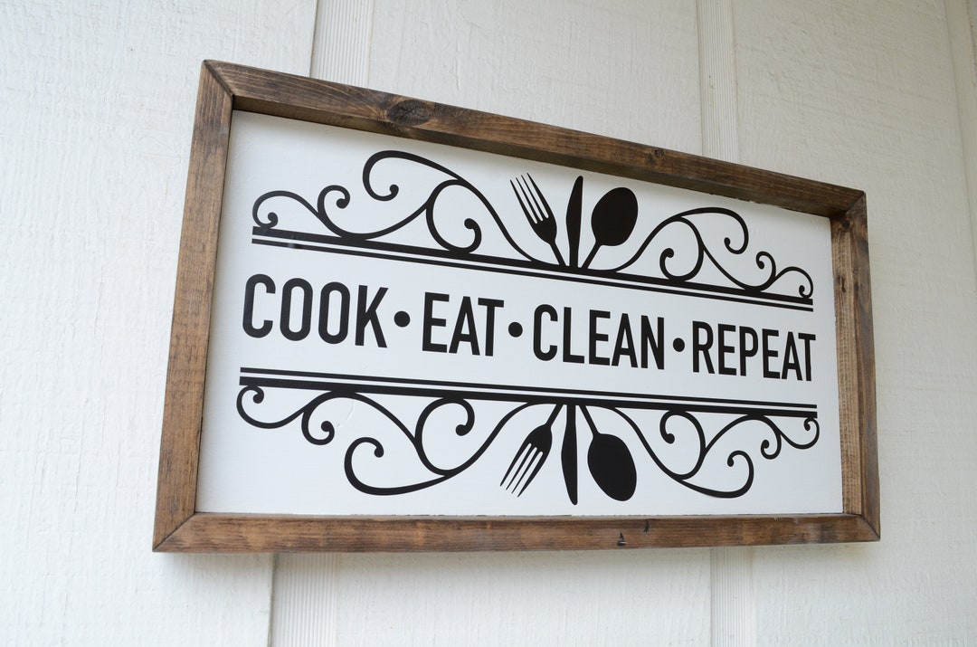 Cook Eat Clean Repeat Farmhouse Kitchen Sign - Framed Wood Wall Decor ...