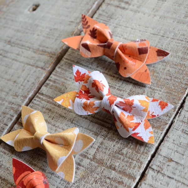 Fall Baby Bows, Nylon Headband bow or Alligator Clip, Cute Fall Bow, Faux Leather, Autumn Bows, Fall leave bow, pumpkin spice