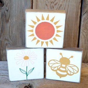 Handmade Summer Shelf Sitter Blocks: Bee, Flower, Sun Decor