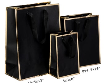 Elegant Black Gift Bag 10-1/2 X 7-3/4 X 3-1/2 Gold Cord Rope Handle, Wide  Satin Gold Ribbon for Gift Gifting, Birthdays, Wedding 