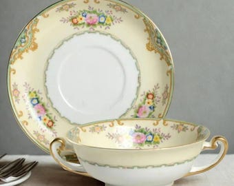 Vintage Lisbon by Meito Footed Cream Soup Bowl & Saucer Sets Japan 1930s