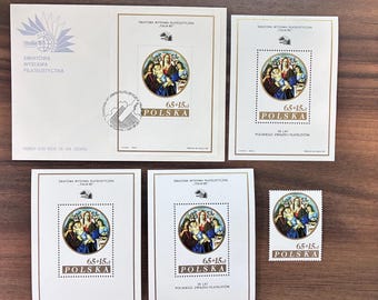May include: A collection of Polish stamps and an envelope. The stamps feature a religious painting within a circular frame, with the text "65+15 POLSKA". The envelope has text in Polish and a logo.