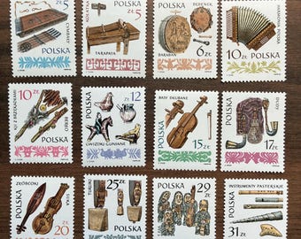 Poland old folk musical instruments stamps collection issued by Poland postal service 1984 & 1985 Polish stamps collection