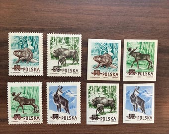 1954 Poland Protected Forest Mountain Animals Stamps: Bison, Elk, Chamois, Beaver (Perforated/Imperforate)