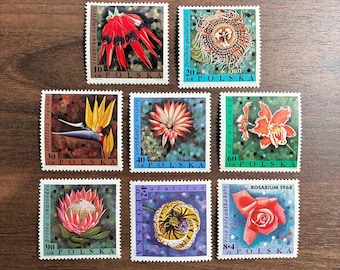Poland 1968 Exotic Flower Stamps Collection, Rare Postal from Poland, Vintage Polish Post
