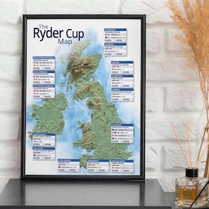 Golf map - Ryder Cup venues - British golf map - top golf courses - golf checklist - perfect golf gift - UK golf map