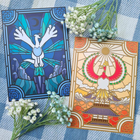 Lugia & Ho-oh Stained Glass Window Art Prints | Pokemon Wall Decor