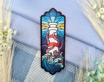 Kraken & Lighthouse Stained Glass Art Bookmark | Reading Accessory