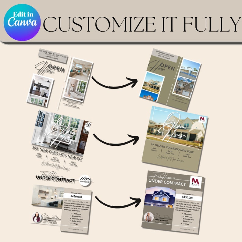 May include: Four different real estate open house flyers featuring photos of homes, addresses, dates, and times. The flyers are in a light brown colour scheme with a dark brown border. The text on the flyers is in a white font. The flyers are arranged in a row, with the first flyer on the left and the last flyer on the right. The flyers are all in the same style, with the same layout and design. The flyers are all for different homes, with different addresses, dates, and times. The flyers are all for open houses, with the same text on each flyer. The flyers are all for homes that are under contract.