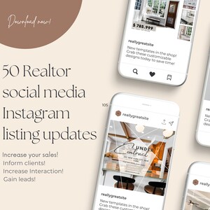 May include: A collection of social media post templates for real estate agents. The templates feature images of homes and real estate related text, such as "Under Contract" and "&pound;785,999".