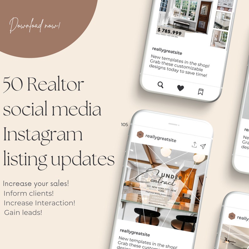 May include: A collection of social media post templates for real estate agents. The templates feature images of homes and real estate related text, such as "Under Contract" and "&pound;785,999".