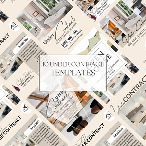 May include: A collage of 10 social media templates for real estate agents. The templates are beige and feature a house with a white bathtub, a kitchen with a white worktop, and a living room with a fireplace. The text "Under Contract" is featured on each template.