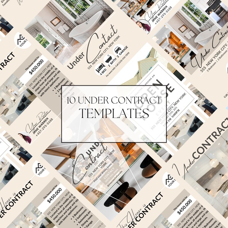 May include: A collage of 10 social media templates for real estate agents. The templates are beige and feature a house with a white bathtub, a kitchen with a white worktop, and a living room with a fireplace. The text "Under Contract" is featured on each template.