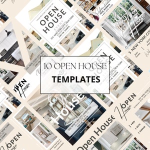 May include: Ten open house templates for real estate agents. The templates feature a beige background with a house icon and text that says "Open House" in a handwritten font. The templates are designed to be used for social media or print.