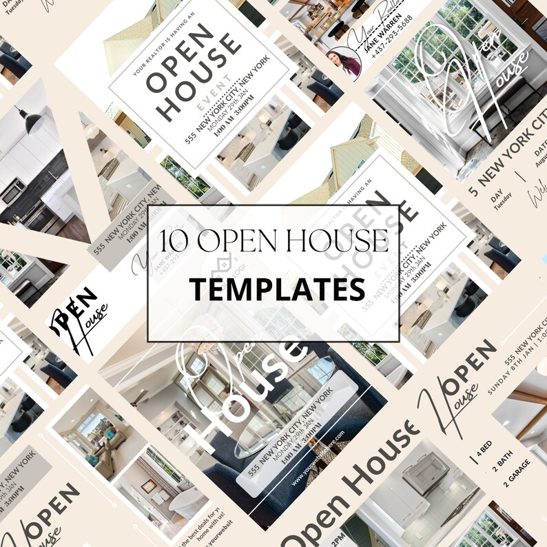 May include: Ten open house templates for real estate agents. The templates feature a beige background with a house icon and text that says "Open House" in a handwritten font. The templates are designed to be used for social media or print.