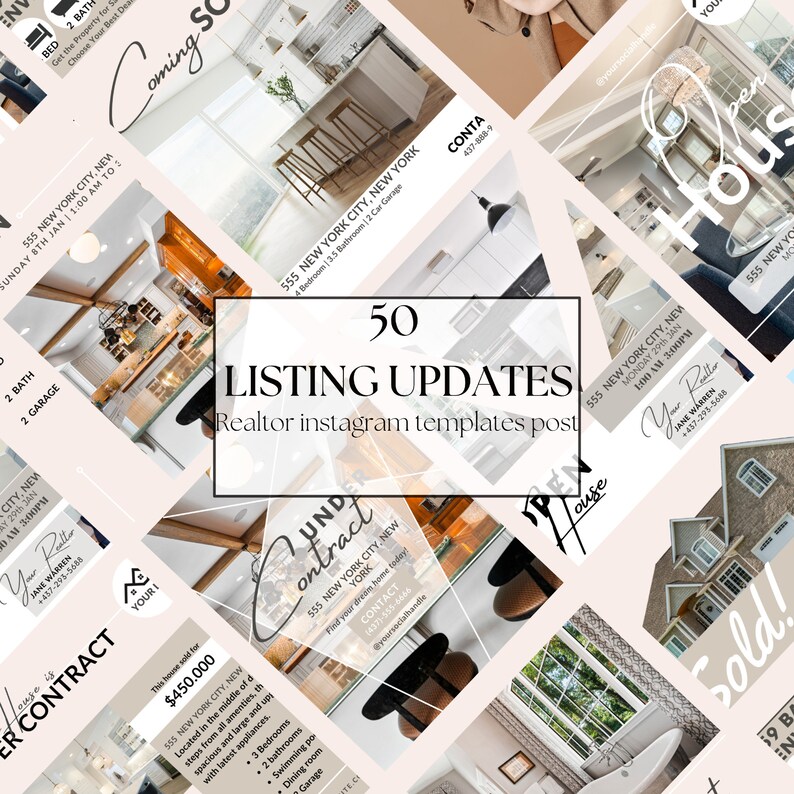 May include: A collage of images showcasing real estate listings. The images feature various rooms in a house, including a kitchen, bathroom, and living room. The text on the images includes the address, number of bedrooms and bathrooms, and contact information. The text "50 Listing Updates" is displayed in a large font at the center of the collage.
