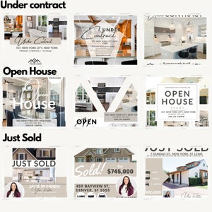 May include: A collage of nine social media posts for real estate listings. The posts feature photos of homes, addresses, and contact information. The posts are labelled "Under Contract", "Open House", and "Just Sold".