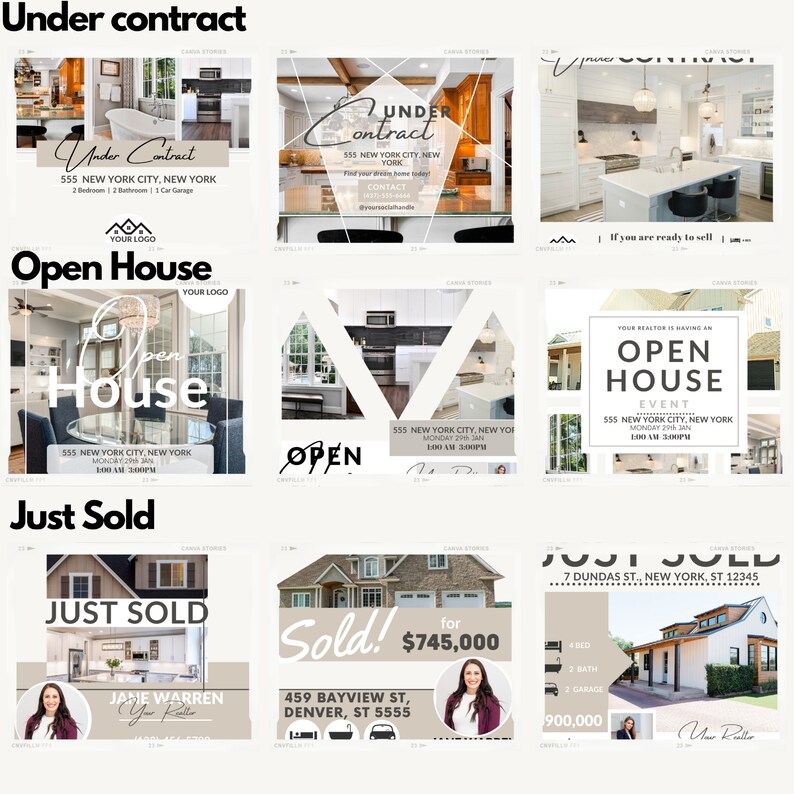 May include: A collage of nine social media posts for real estate listings. The posts feature photos of homes, addresses, and contact information. The posts are labelled "Under Contract", "Open House", and "Just Sold".