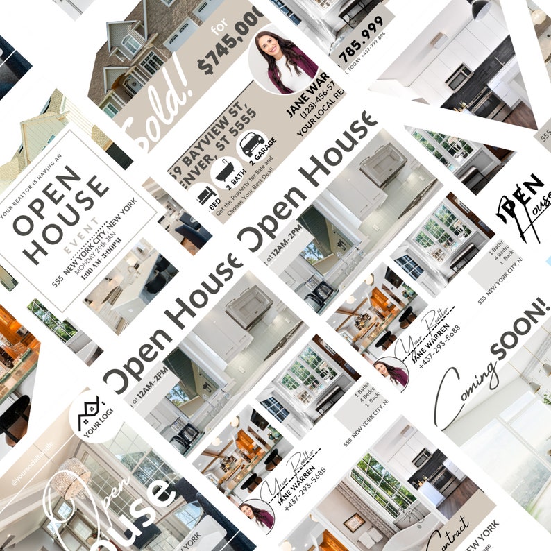 May include: A collage of images promoting an open house event for a 2-bedroom, 2-bathroom house with a garage. The house is located at 59 Bayview St, Enver, ST 5555 and is listed for &pound;745,000. The event is scheduled for Monday, 29th January from 1:00 AM to 3:00 PM. The realtor's name is Jane War and her phone number is (123)-456-57.