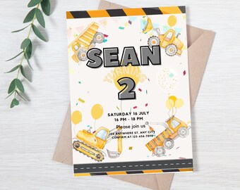 Construction truck Digital Birthday invitation,  kids invitation, digital party invitation,  construction birthday invite printable,