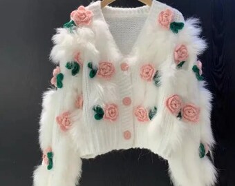 Strickpullover, Rosenpullover, Oversized Sweatshirt, Strickjacke, Cardigan, Pullover, Sweatshirt, Gestrickt, Gestrickte Rosen, Rosa Rosen