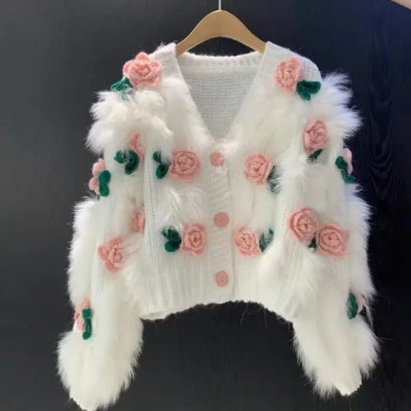 Knitted Sweater, Rose Sweater, Oversized Sweatshirt, Knitted Cardigan, Cardigan, Sweater, Sweatshirt, Knitted, Knitted Roses, Pink Roses