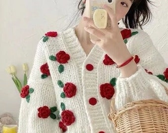Knitted Sweater, Rose Sweater, Oversized Sweatshirt, Knitted Cardigan, Cardigan, Sweater, Sweatshirt, Knitted, Knitted Roses, Red Roses