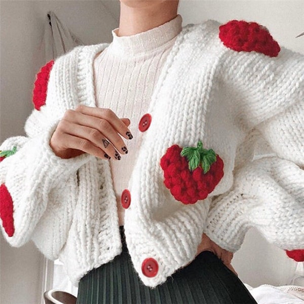 Knitted Sweater, Strawberry Sweater, Oversized Sweatshirt, Knitted Cardigan, Cardigan, Sweater, Sweatshirt, Knitted, Knitted Strawberry