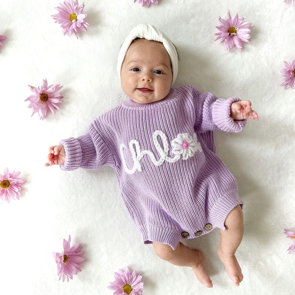 Personalized knit romper for baby.
