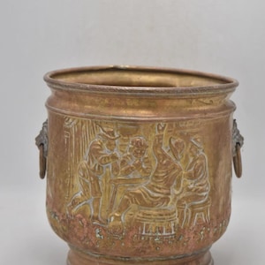 Large Antique Brass Jardiniere Cache Pot – Lion Handles, Embossed Decoration