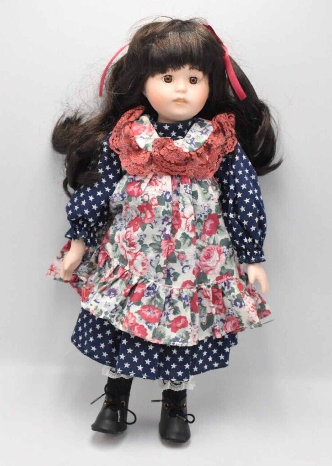 Vintage Porcelain Doll Brown Hair, Brown Eyes and Floral Dress - Etsy