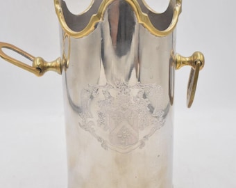 Vintage Solid Brass Palm Restaurant Wine Cooler Coat of Arms Ice Bucket 22cm