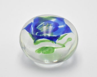 Vintage Art Glass Blue Flower Design Paperweight Decorative