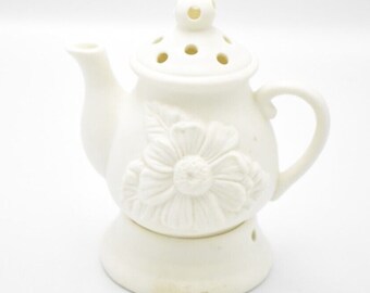 Vintage Pottery Incense Stick Holder White Teapot Collectible