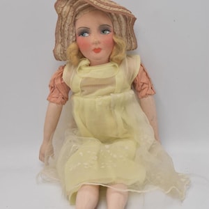 Antike französische Boudoir Puppe Vintage 1920er 1940er Jahre Stoff Gesicht Original Outfit 44 cm