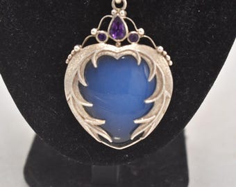 Vintage Art Nouveau Revival Sterling Silver Quartz & Amethyst Pendant Necklace