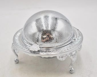 Vintage Silver Plated Caviar Butter Dish Roll Top Dome 3 Footed Globe