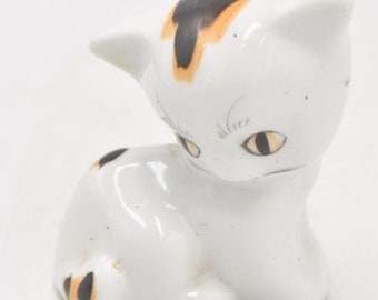 Vintage Ceramic White, Black & Yellow Cat Figurine Statue Ornament Hand Painted