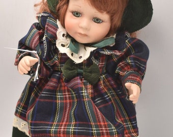 Vintage Porcelain Doll Ginger Hair, Green Eyes and Tartan Dress