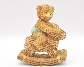 Vintage Teddybär Schaukelpferd Blau Kunstharz Figur/ Ornament/ Statue