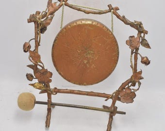 Antique Art Nouveau Brass Tabletop Dinner Gong Rose Thorns Motif with Striker